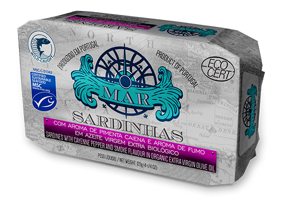 Sardinha em Azeite Virgem Extra Biológico c/ Aroma de Pimenta Caiena e Aroma de Fumo